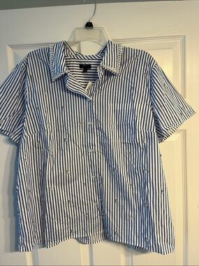 Talbots Blue and White Striped Shirt with Sparkly Embellishments